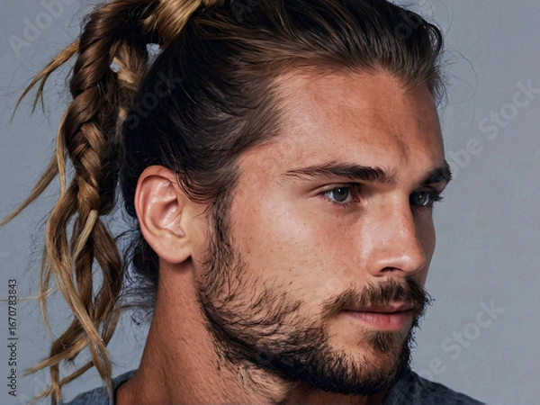 Fototapeta Stylish messy man bun hairstyle on Caucasian man with stubble
