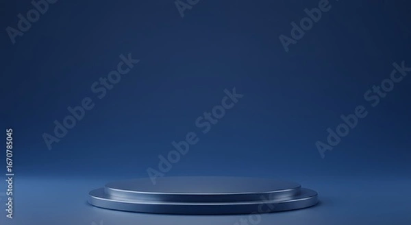 Obraz A Sleek Metallic Podium on a Dark Blue Background with Subtle Lighting and Shadow Effects Emphasizing its Futuristic Design	