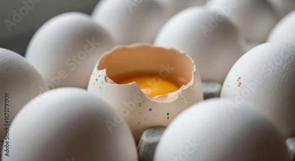 Fototapeta Broken egg with yolk among whole eggs on a carton tray
