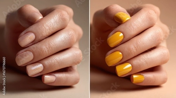 Fototapeta Butter yellow nail polish manicure before and after comparison