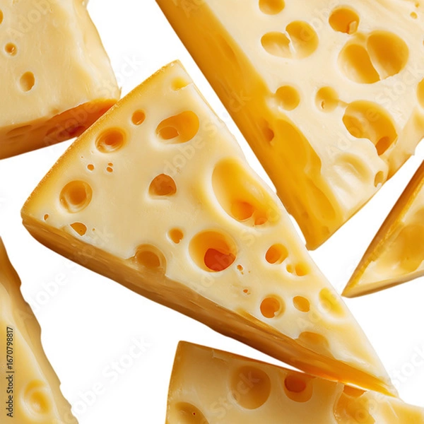 Fototapeta Swiss Cheese Closeup of Wedge Pieces isolated on transparent background