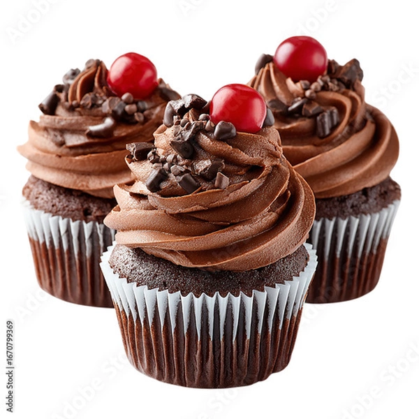 Fototapeta Three Chocolate Cupcakes with Cherry Topping isolated on transparent background
