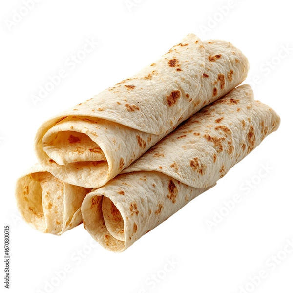 Fototapeta GoldenBrown Tortillas A Trio of Rolled Wheat Flatbreads isolated on transparent background
