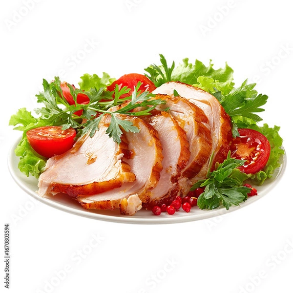 Fototapeta Roasted Chicken Breast Slices with Fresh Salad isolated on transparent background