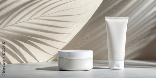 Obraz Clean white skincare products with tropical leaf shadows