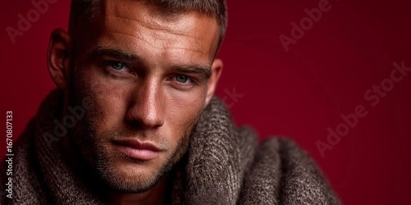 Fototapeta Moody close-up of a man in a sweater with a red background and intense expression