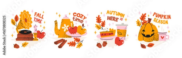 Obraz Set cozy autumn stickers.Pumpkin, pie, apples, acorns, tea, cinnamon, kettle, candle and falling leaves.Warm elements for seasonal comfort,cozy mood and holiday decoration.Isolated vector illustration