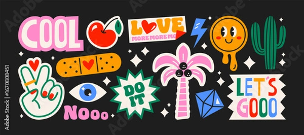 Obraz Futuristic y2k patches, labels, tags, stickers, bracelet stamps in retro. Cartoon stickers in funky hipster groovy grunge 90s style. Vector set, trendy promo labels