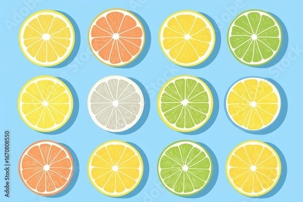Fototapeta Colorful Fruit Slices of Lemon, Lime, Grapefruit, and Orange on Bright Blue Background for Fresh Design Elements