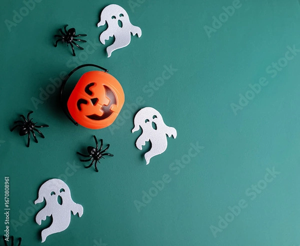 Fototapeta pumpkin, ghosts and spiders representing Halloween on a dark green background and with space for text