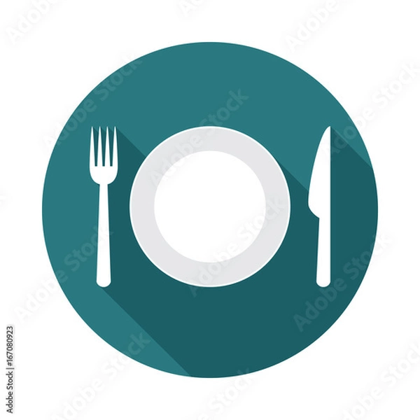 Fototapeta Plate circle icon with long shadow. Flat design style. Plate simple silhouette. Modern, minimalist, round icon in stylish colors. Web site page and mobile app design vector element.