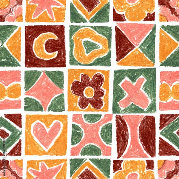 Fototapeta Seamless geometric pattern. Retro hearts and flowers. Hand drawn with pastels. Decorative colorful background.