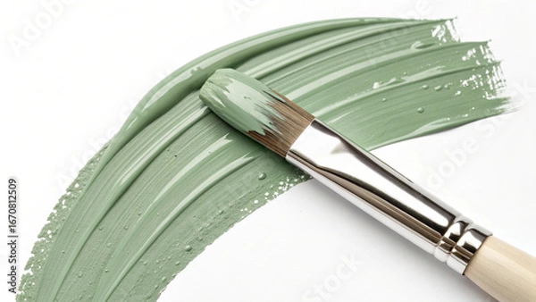 Fototapeta Flat paintbrush with wooden handle painting textured green stroke on white background for acrylic or oil paint smear design elements, templates, or decorative graphics..