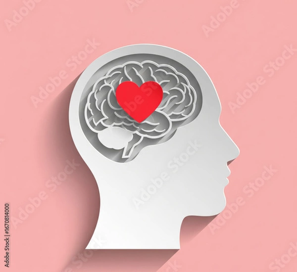 Obraz Emotional intelligence and mental health concept. Red heart in a brain, symbolizing empathy, self care, love, and positive thinking. Paper cut art style.

