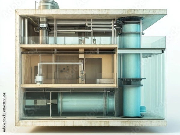 Fototapeta Cross-section of a wind-powered water filtration system with semi-transparent layers. White background.