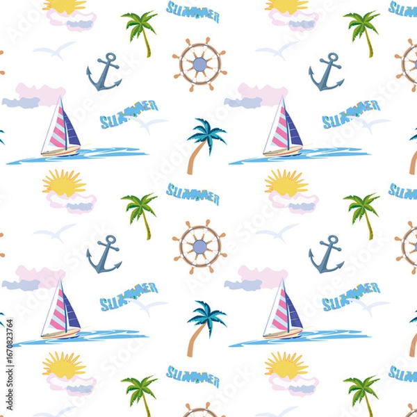 Fototapeta Seamless pattern with a yacht, seagulls, sun, anchor and steering wheel on the theme of summer travel