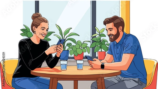 Fototapeta Young couple enjoying coffee and using smartphones at cozy cafe table indoors digital vector illustration