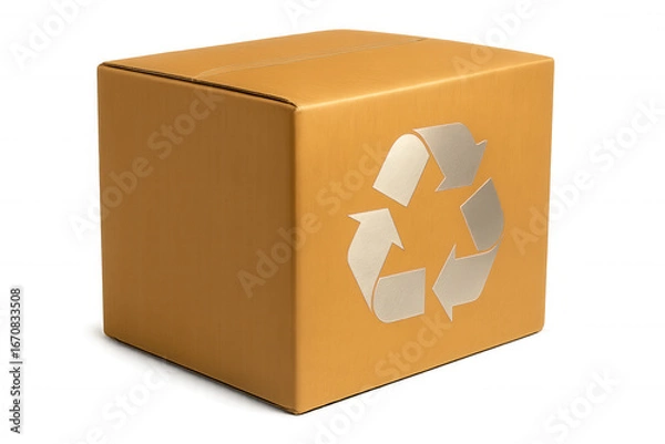Fototapeta Cardboard packaging displaying recycling logo, highlighting environmental responsibility and green shipping solutions