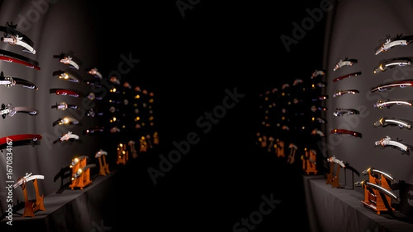 Obraz 大量の日本刀コレクションが両側の壁に掛けて並べてある武器庫
