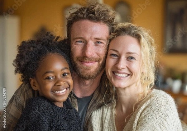 Fototapeta Happy diverse family portrait, joyful parents and their beloved adopted daughter smiling warmly, a heartwarming close up scene showing true connection and unity at home.