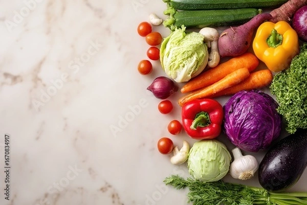 Obraz Fresh Organic Veggies Arranged on Simple Background – Clean Food Concept with Space for Text