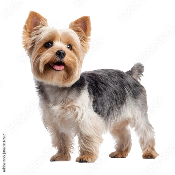 Fototapeta Adorable Yorkshire Terrier stands alert with a happy expression and tongue slightly out.