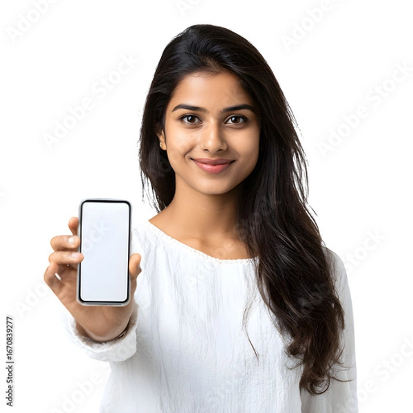 Fototapeta A smiling young woman confidently presents a smartphone, inviting connection and engagement.