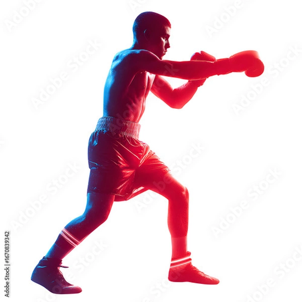 Fototapeta Focused boxer in silhouette throws a punch, illuminated by vibrant red and blue light.