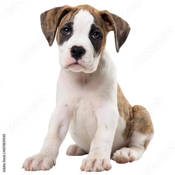 Fototapeta Adorable brindle and white puppy with soulful eyes sits patiently, looking forward with curiosity.