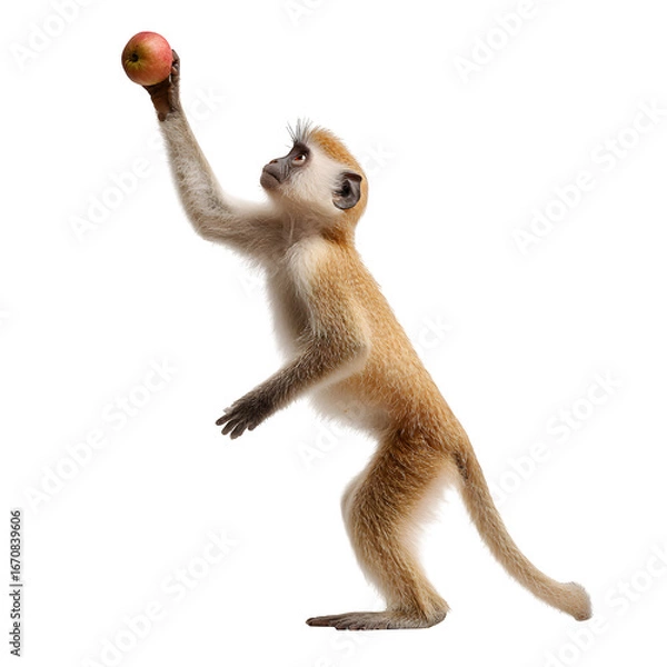 Fototapeta Curious monkey reaches for a delicious red apple against a clean white background.