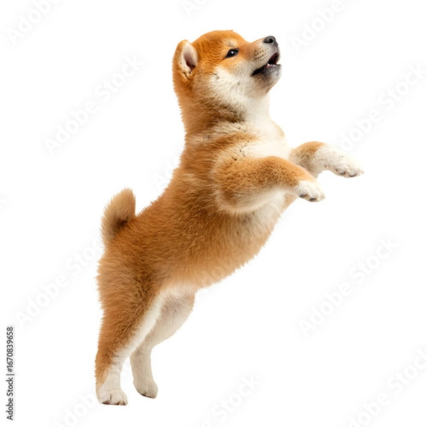 Fototapeta Playful Shiba Inu puppy leaps with joy against a clean white background.