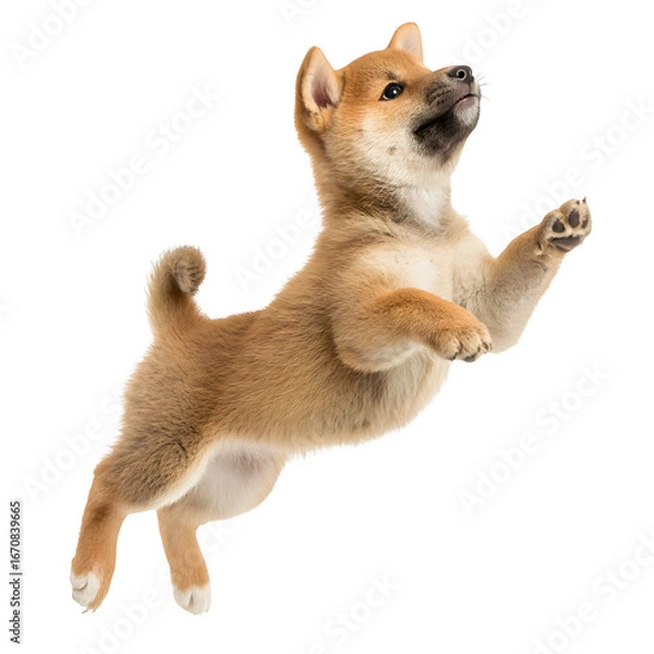 Fototapeta Joyful Shiba Inu puppy leaps with playful energy against a clean white background.