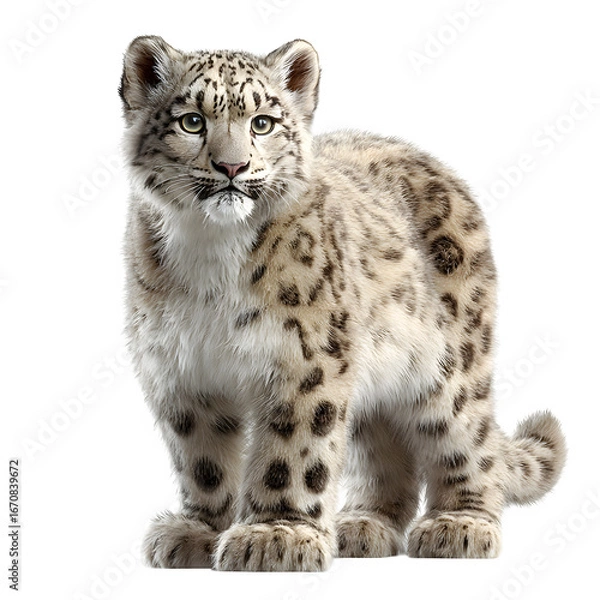 Fototapeta Majestic snow leopard cub with striking markings stands alert against a white background.