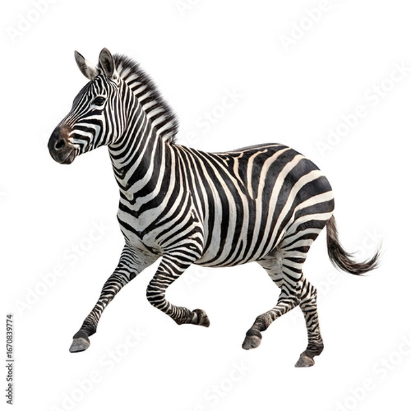 Fototapeta A graceful zebra gallops with energy and distinctive stripes against a clean white background.