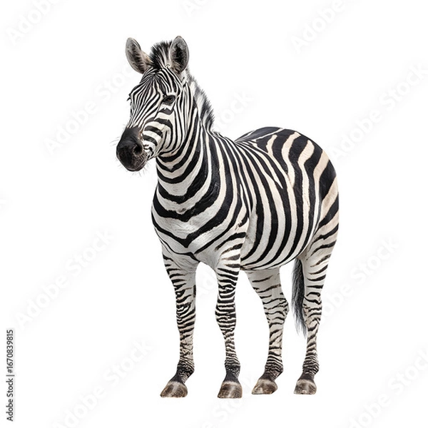 Fototapeta A striking zebra stands confidently against a clean white background, showcasing its iconic black and white stripes.