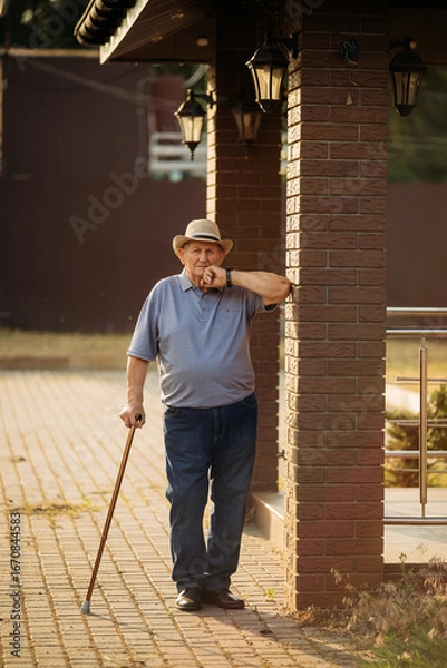Fototapeta Grandfather in a hat. Portrait of a very old Caucasian man. Portrait: elderly, lonely, elderly, with many wrinkles on his face. Close-up of a thoughtful old man standing alone outdoors.