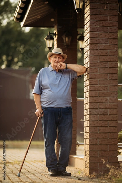 Fototapeta Grandfather in a hat. Portrait of a very old Caucasian man. Portrait: elderly, lonely, elderly, with many wrinkles on his face. Close-up of a thoughtful old man standing alone outdoors.