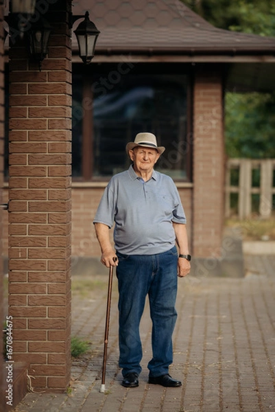 Fototapeta Grandfather in a hat. Portrait of a very old Caucasian man. Portrait: elderly, lonely, elderly, with many wrinkles on his face. Close-up of a thoughtful old man standing alone outdoors.
