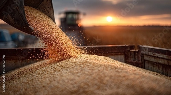 Fototapeta Harvester unloading soybean seeds into a truck trailer during sunset, with golden hour light casting a warm glow over the field and equipment, capturing the essence of harvest season