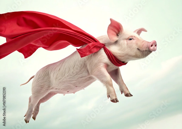 Fototapeta A pig wearing a red cape flying through the air with a light blue and white gradient background sky view