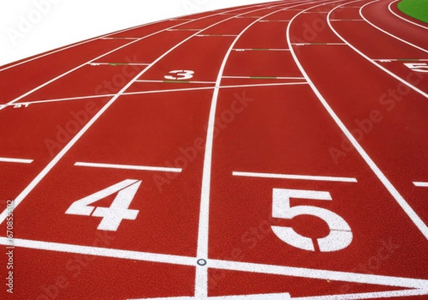 Fototapeta Abstract perspective of a red athletic track with numbered lanes ready for racing transparent background