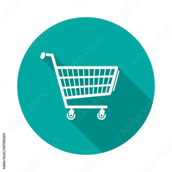 Fototapeta Shopping cart circle icon with long shadow. Flat design style. Shopping cart simple silhouette. Modern, minimalist, round icon in stylish colors. Web site page and mobile app design vector element.
