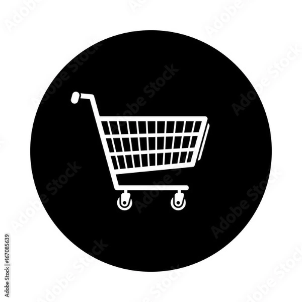 Fototapeta Shopping cart circle icon. Black, round, minimalist icon isolated on white background. Shopping cart simple silhouette. Web site page and mobile app design vector element.