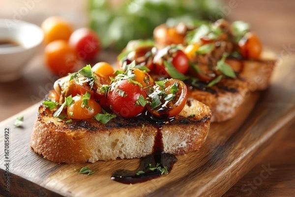 Fototapeta gourmet bruschetta with cherry tomatoes, basil, and balsamic glaze on artisan bread, cozy table setup