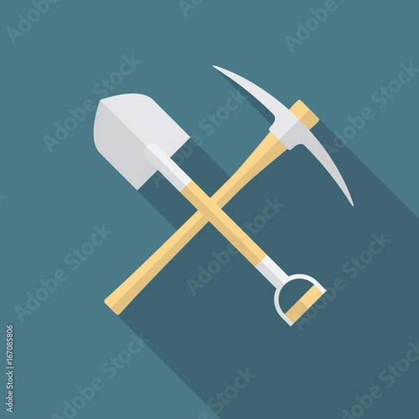 Fototapeta Shovel and pickaxe icon with long shadow. Flat design style. Shovel and pick axe silhouette. Simple icon. Modern flat icon in stylish colors. Web site page and mobile app design vector element.