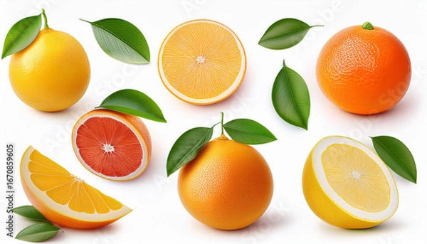 Fototapeta a collection of realistic illustrations of various citrus fruits including oranges lemons and pomelos in whole and sliced forms some with leaves