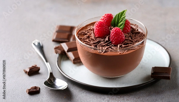 Fototapeta decadent chocolate mousse cup with raspberry and dark chocolate shavings for dessert lovers