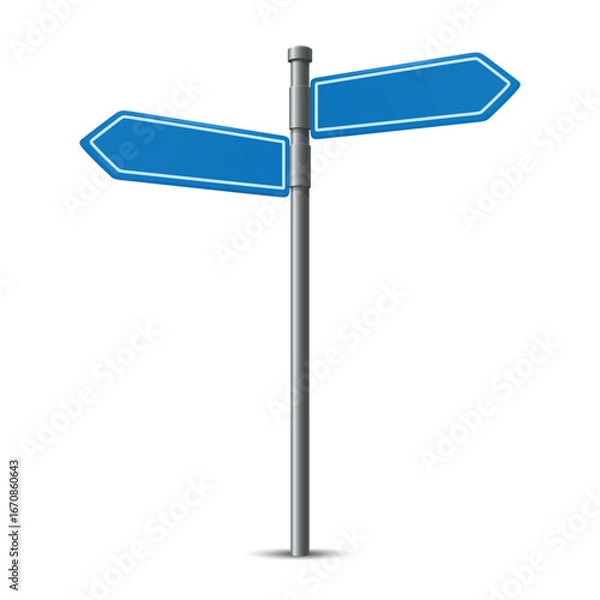 Fototapeta Vector Blank Blue Road Sign Post with Two Empty Directional Arrows, Isolated. Street Signage Template. Empty Guidepost for Navigation. Direction Board for Text, Message, Vector Illustration