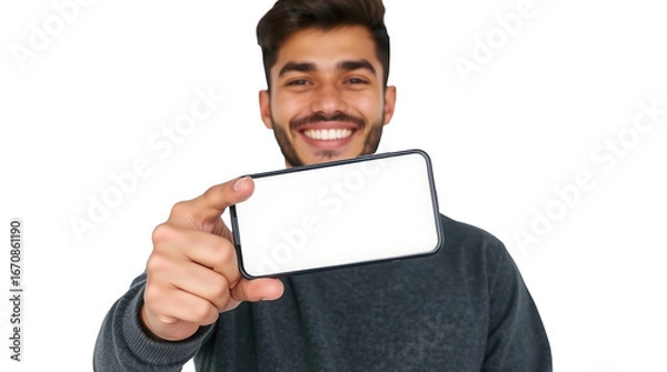 Fototapeta A young man beams with joy as he holds up a smartphone showcasing a blank screen. His bright smile and casual attire create an inviting atmosphere