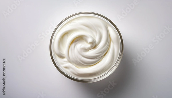 Fototapeta creamy greek yogurt in glass bowl on white background with copy space top view yogurt creamy white